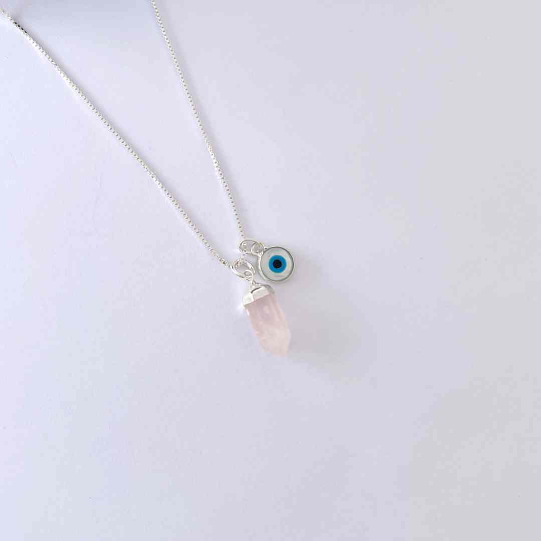Colar Patuá Quartzo Rosa/Olho Grego