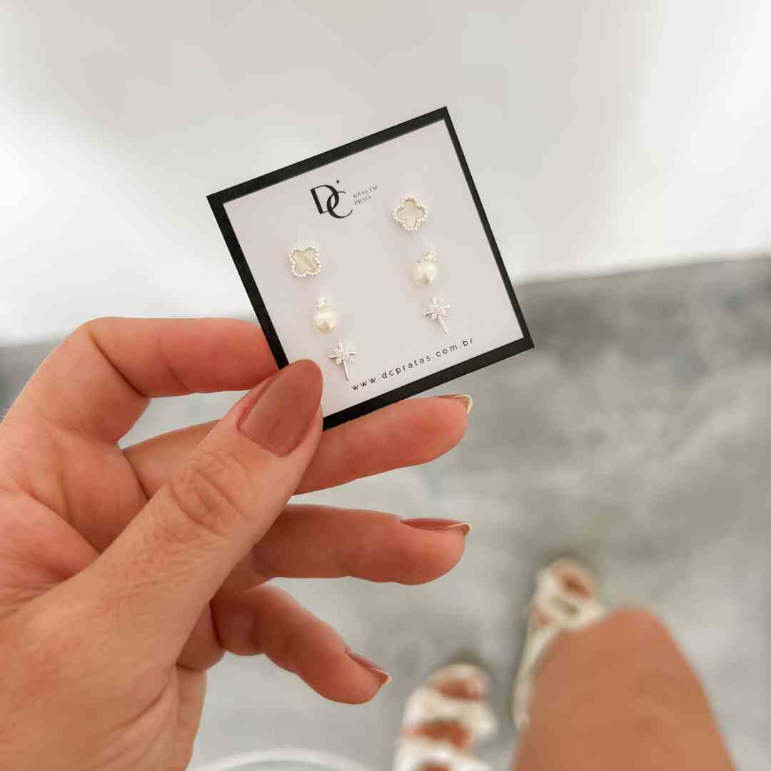 Brinco Trio Trevo/Pérola/Cruz