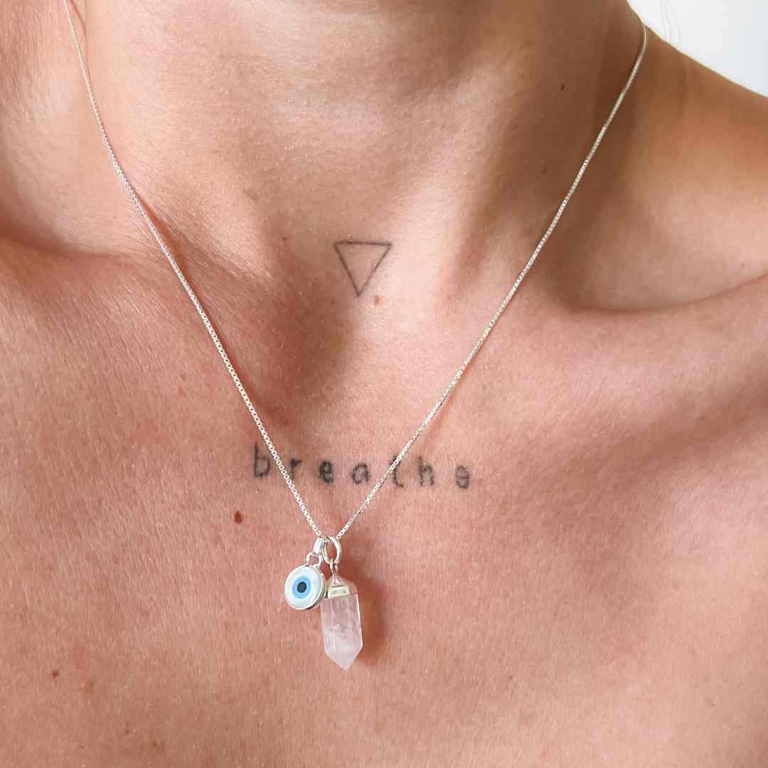 Colar Patuá Quartzo Rosa/Olho Grego