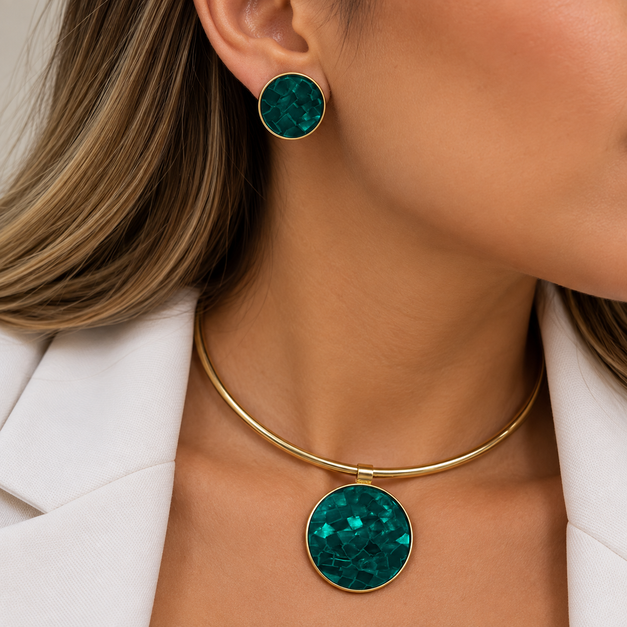 Conjunto Choker Aro e Brinco Folheado a Ouro 18k Circulos Resinados - Verde Escuro