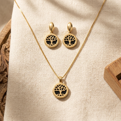 CONJUNTO  ARVORE DA VIDA COM PEDRA AGATA PRETA