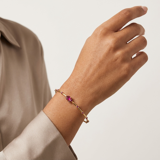 BRACELETE CRISTAL TURMALINA ROSA ZIRCONIA VERMELHA ZIRCONIA VERDE REDONDO CRAVEJADO EM GARRA 