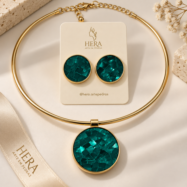 Conjunto Choker Aro e Brinco Folheado a Ouro 18k Circulos Resinados - Verde Escuro