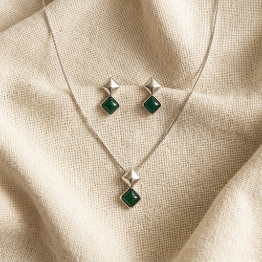 CONJUNTO RODIO BRANCO COM PEDRA AGATA VERDE