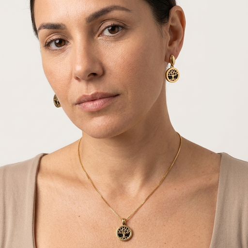 CONJUNTO  ARVORE DA VIDA COM PEDRA AGATA PRETA