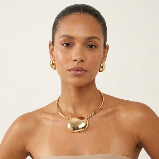 Conjunto Choker Aro e Brinco Folheado a Ouro 18k e Prata Oval Liso - Ouro