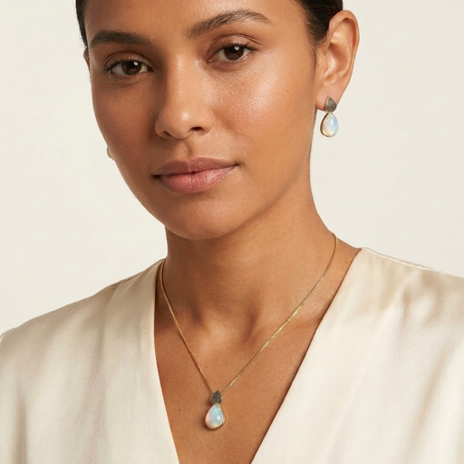 CONJUNTO PEDRA GOTA FO  COM DETALHES EM RODIO BRANCO 
