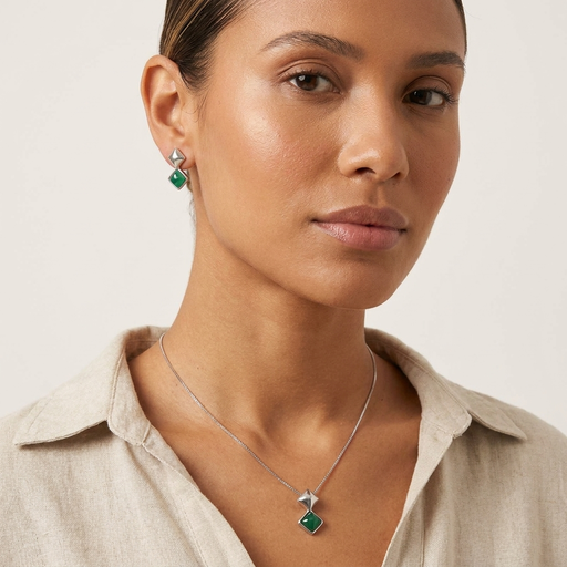 CONJUNTO RODIO BRANCO COM PEDRA AGATA VERDE
