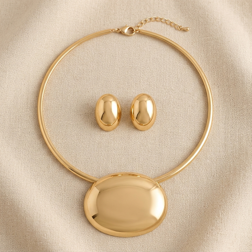Conjunto Choker Aro e Brinco Folheado a Ouro 18k e Prata Oval Liso - Ouro