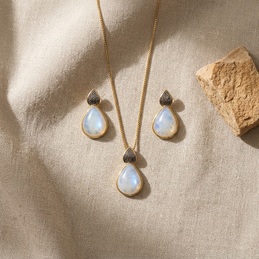CONJUNTO PEDRA GOTA FO  COM DETALHES EM RODIO BRANCO 