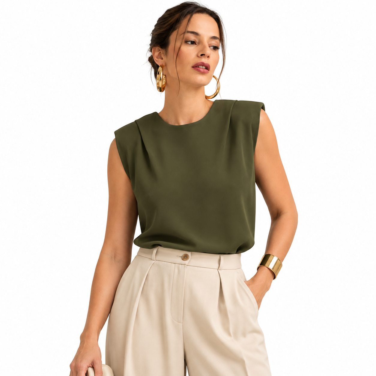 Blusa Feminina de Alfaiataria com Ombreiras e Pregas