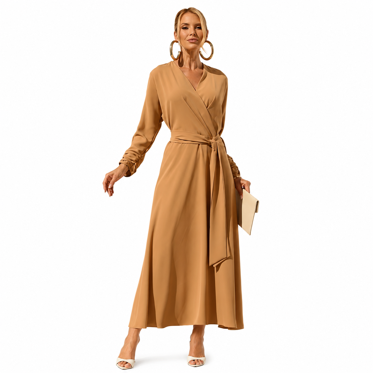 Vestido Midi em Crepe com Mangas Franzidas e Faixa