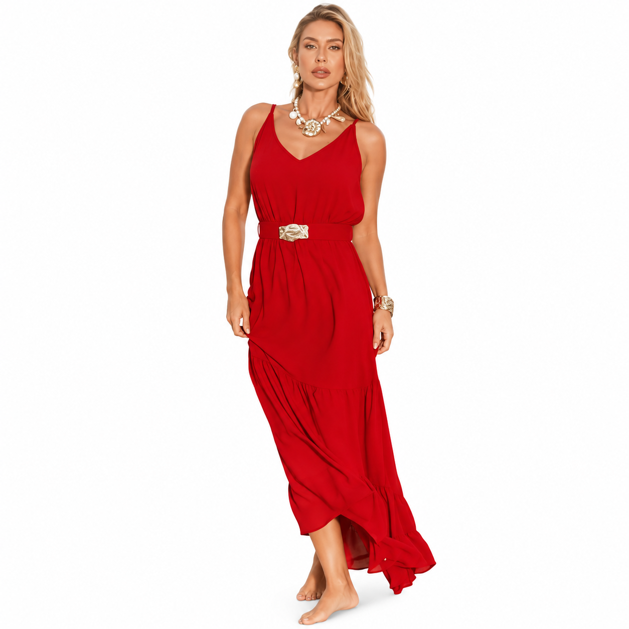 Vestido Feminino Longo com Cinto e Aviamentos