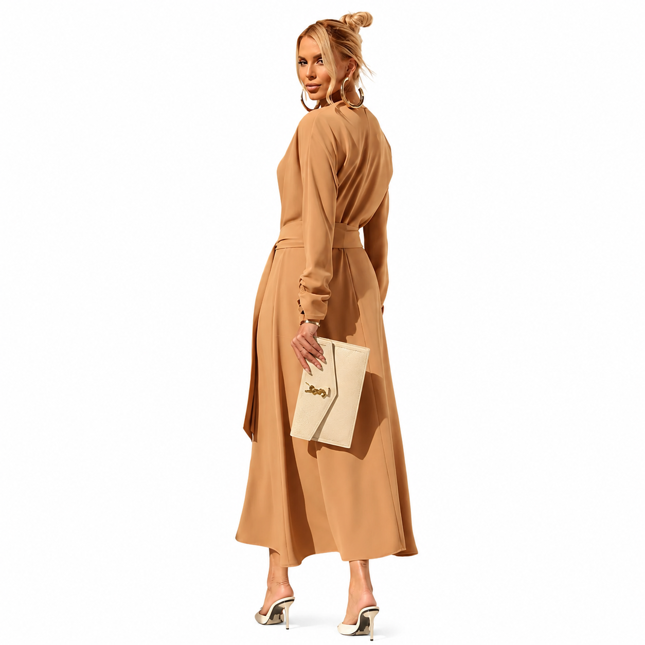 Vestido Midi em Crepe com Mangas Franzidas e Faixa
