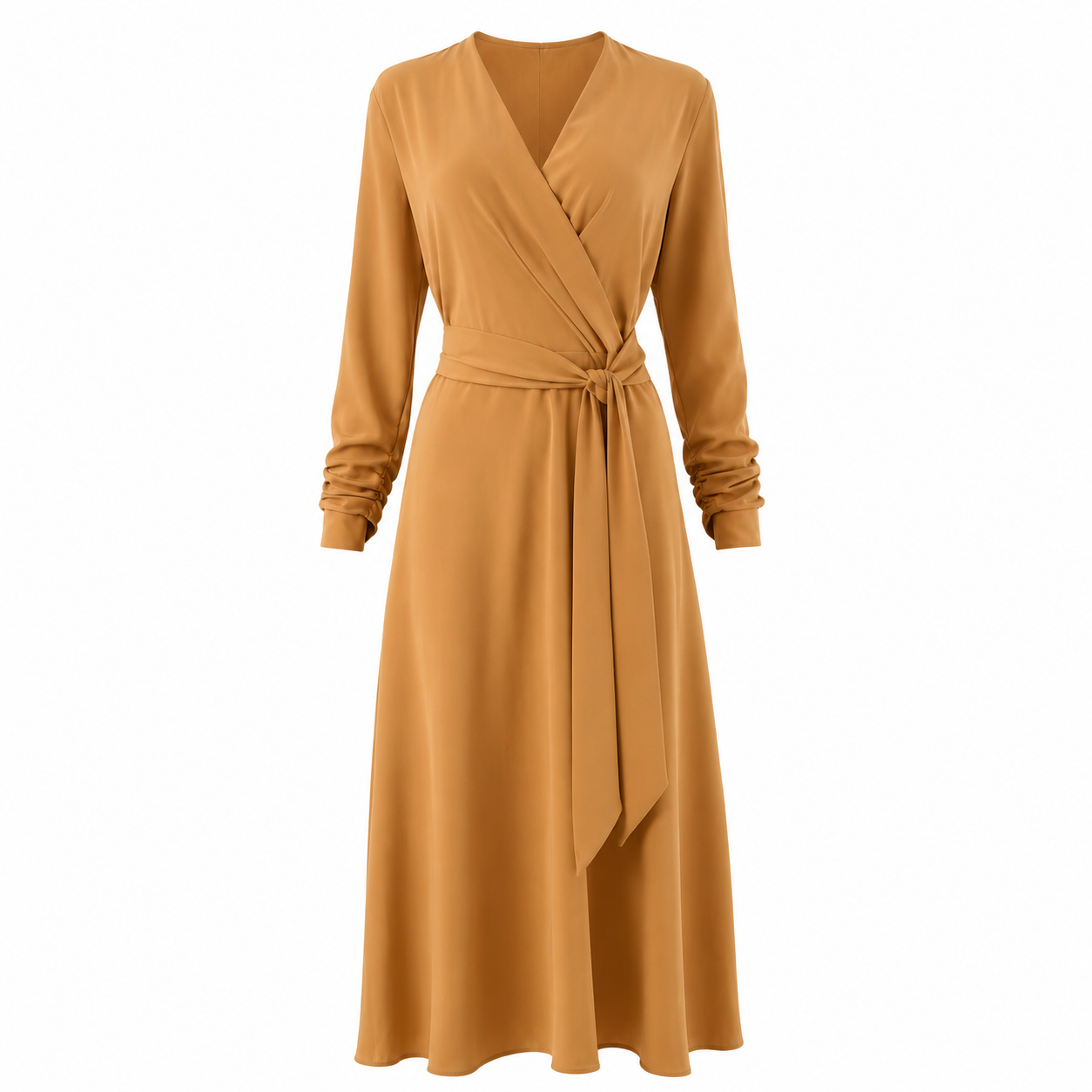 Vestido Midi em Crepe com Mangas Franzidas e Faixa