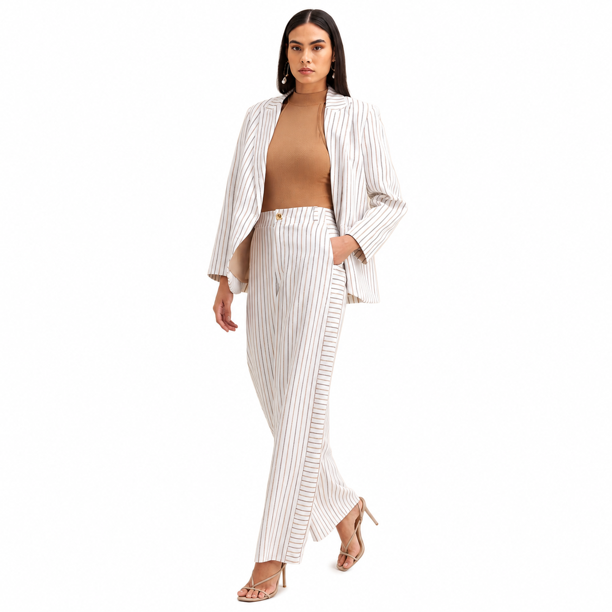 Calca Wide Listrada com Bolsos
