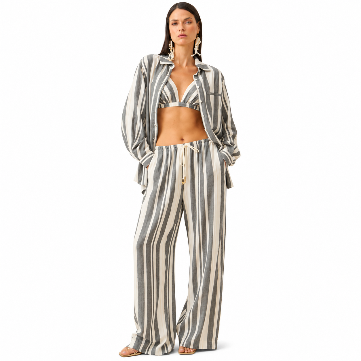 Calça Pantalona Feminina Listrada com Amarração