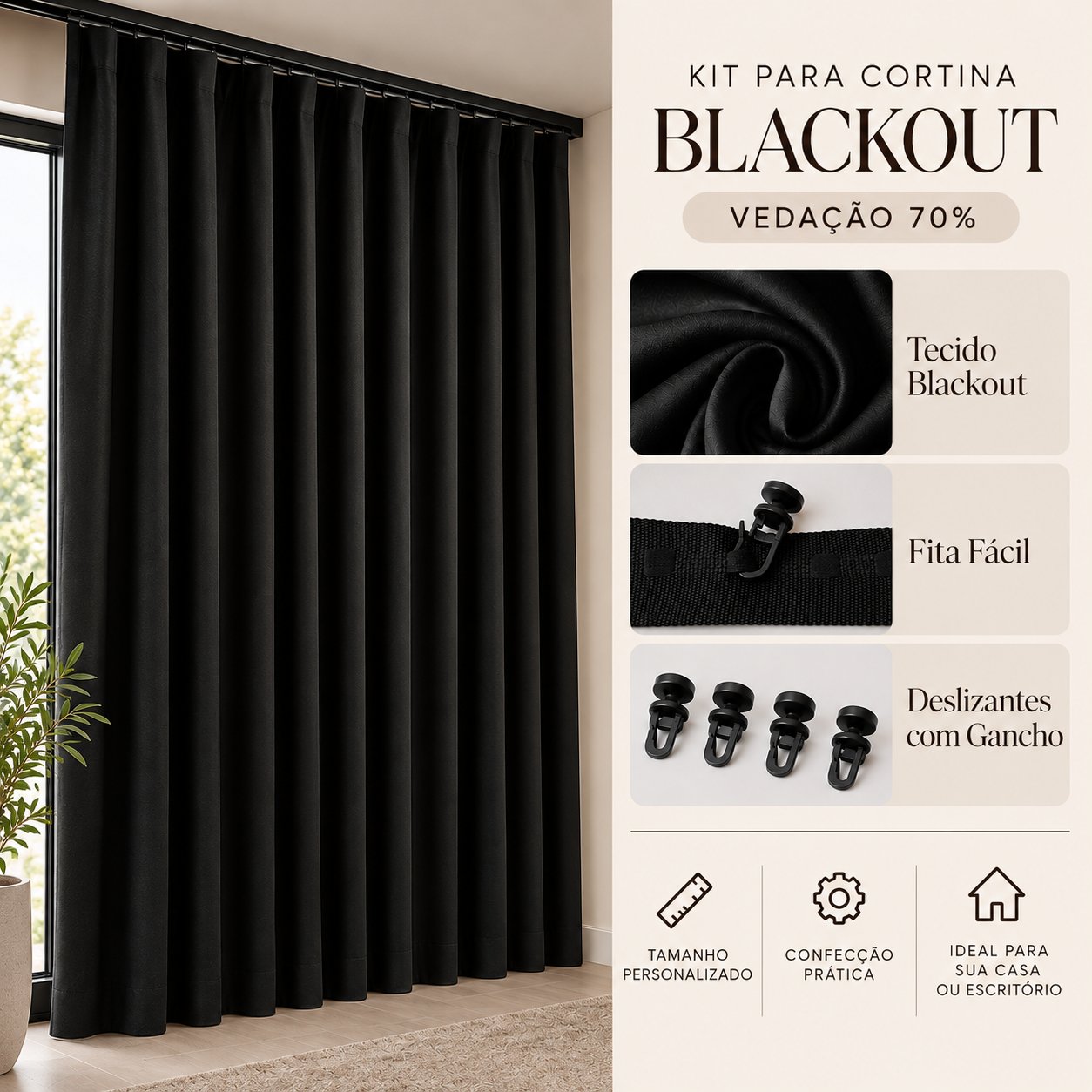 COMBO FA&Ccedil;A SUA CORTINA DE BLACKOUT PRETO VEDA&Ccedil;&Atilde;O 70% COM DESLIZANTES