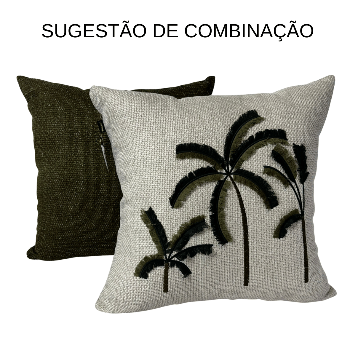 CAPA PARA ALMOFADA 50 X 50 CM  TRAMADO BEGE CLARO COM APLIQUE PALMEIRA VERDE