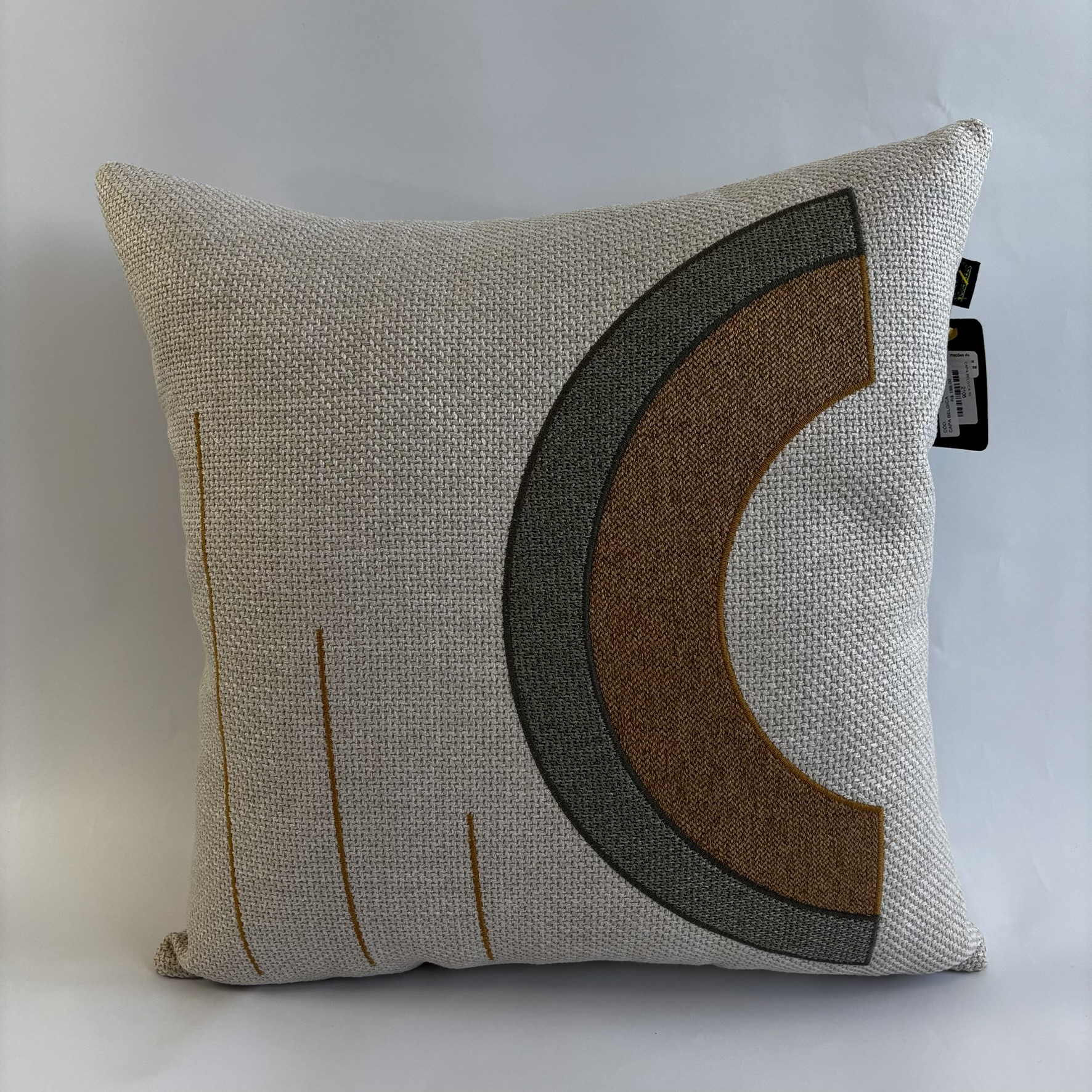 CAPA PARA ALMOFADA 50 X 50 CM  TRAMADO BEGE CLARO COM BORDADO CIRCULO VERDE E CARAMELO