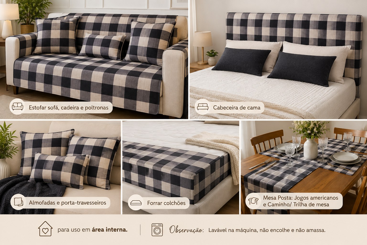 LINEN XADREZ GRANDE PRETO  D04 C11 TECIDO DECORAÇÃO
