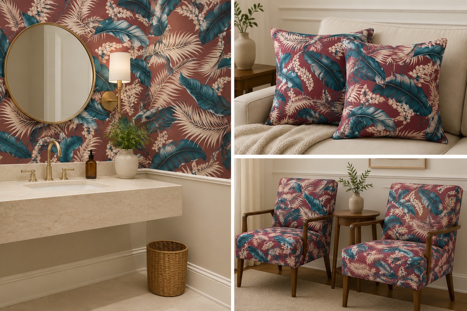 TECIDO PARA DECORAÇÃO ASTURIA ESTAMPADO  RAMOS PETRÓLEO E MARSALA