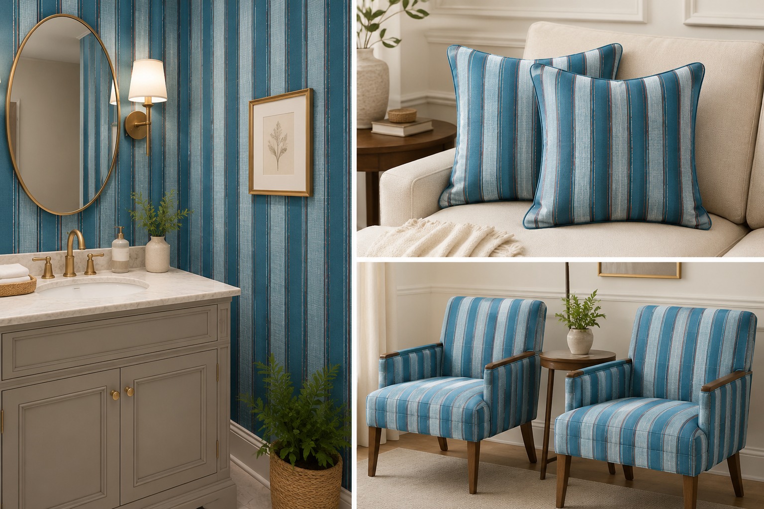 TECIDO PARA DECORAÇÃO ASTURIA LISTRADO AZUL  E MARSALA