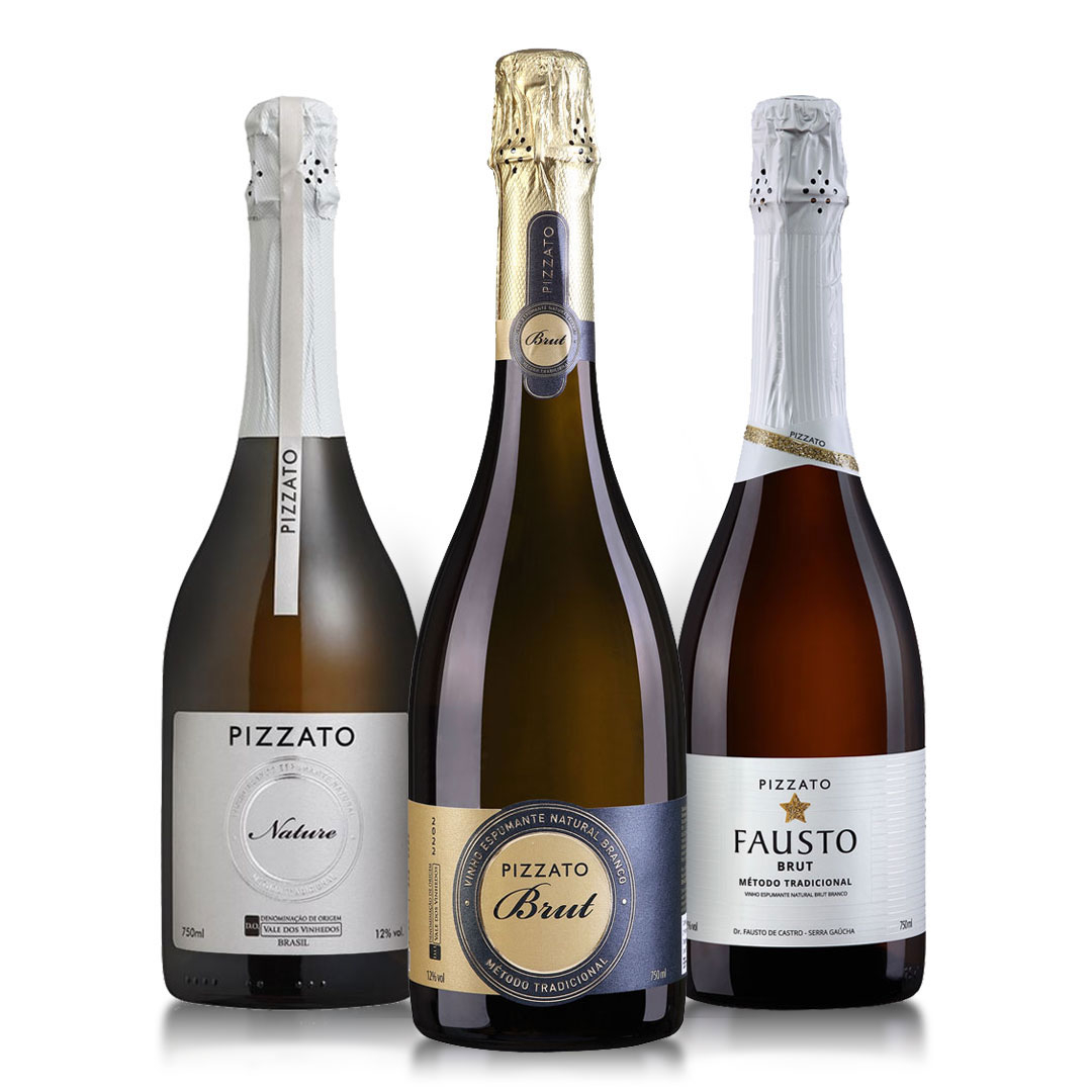 KIT 01 -  Pizzato BRUT BRANCO, NATURE e FAUSTO BRUT BRANCO (kit com 3 garrafas)