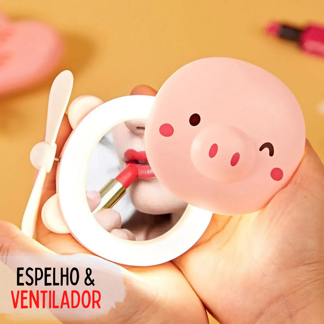 Ventilador Portátil Porquinho Com Led e Espelho _ BE25 🐷💨💡