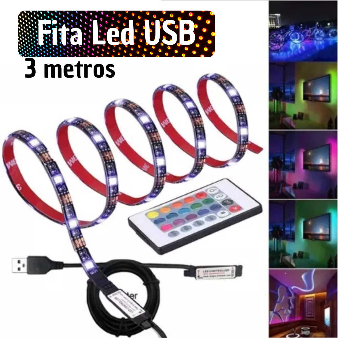 Fita Led 5050 RGB Controle Remoto 3m 5v USB Para TV PC Carro _ CS575