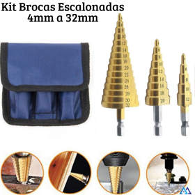 Brocas Escalonadas de Titânio de 4mm a 32mm - Kit com 3 Brocas _ FE52