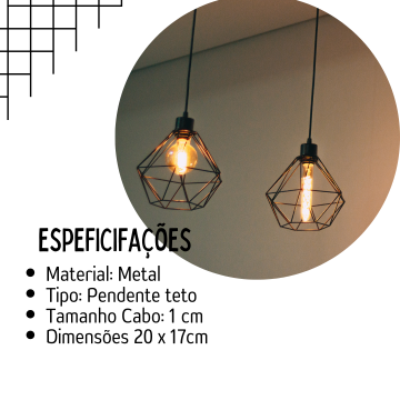 Pendente Luminaria Teto Diamante Preto Aramado _ CS367