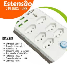 Extensão Elétrica 7 Tomadas 4 USB Régua Bivolt Cabo 2 Metros _ CS584