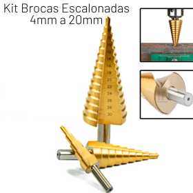 🛠️ Brocas Escalonadas de Titânio de 4mm a 20mm - Kit com 3 Brocas _ FE45 🔩