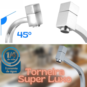 Torneira Link Quadrada Super Luxo Cozinha e Banheiro Bica Alta 45º Metal Cromado 1/4 de Volta - CS461