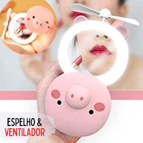 Ventilador Portátil Porquinho Com Led e Espelho _ BE25 🐷💨💡