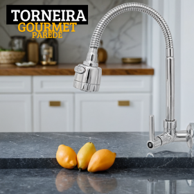 Torneira Gourmet Metal Prata Parede 1/4 de Volta 2 Jatos _ CS167 