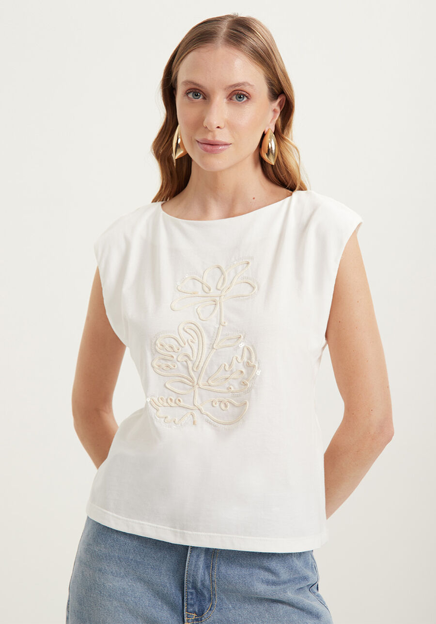 Blusa Sem Mangas Com Decote Canoa E Bordado Em Relevo 7114E