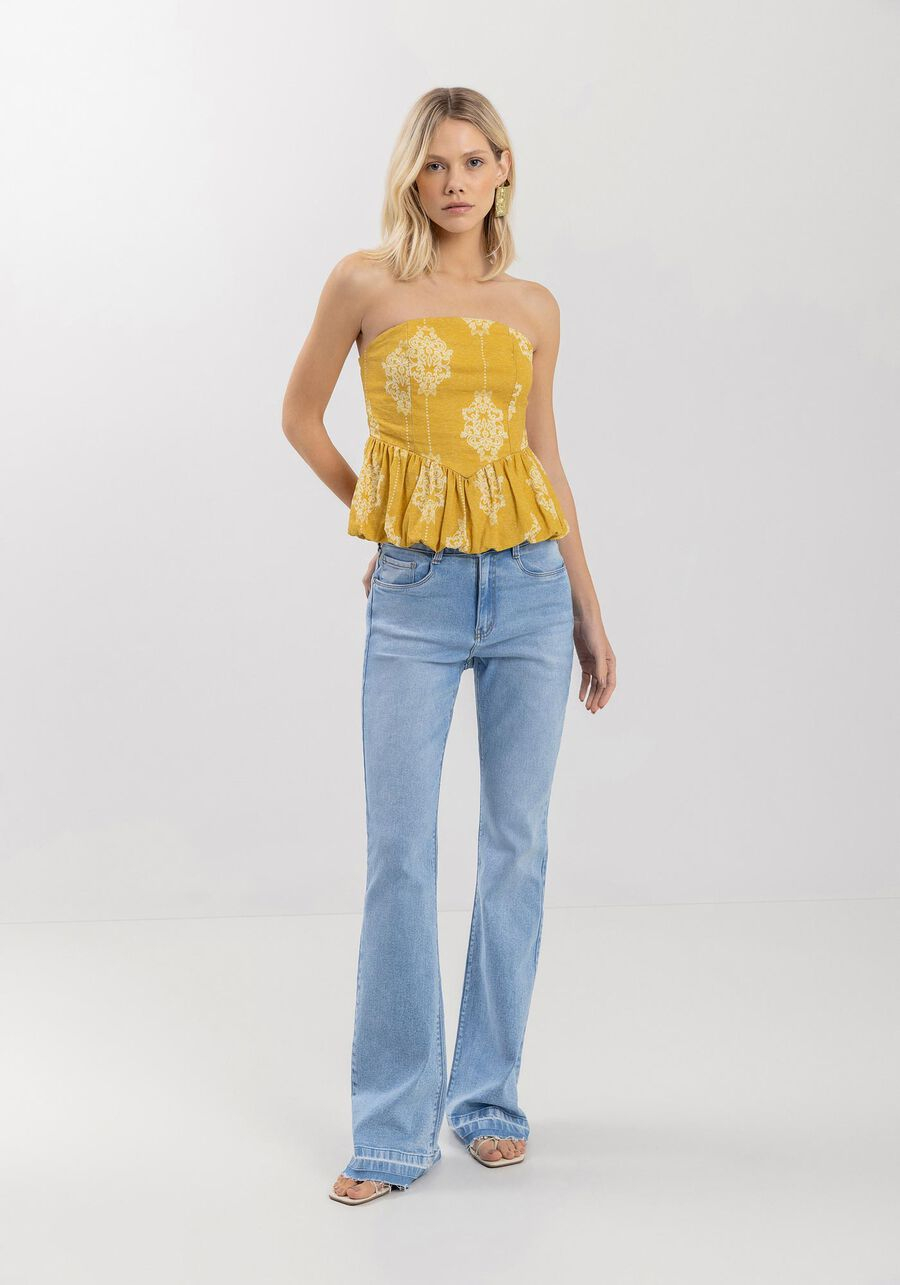 Calça Jeans Flare Com Cintura Alta E Barra Desfeita 0789E