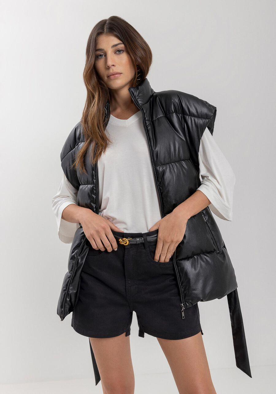 Colete Puffer Alongado Em Pu Com Bolsos E Gola Alta 7057L