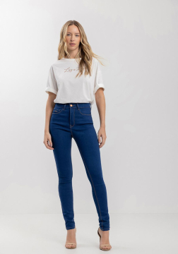 Calça Jeans Skinny Com Cintura Alta E Costura Pespontada 0756E