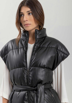 Colete Puffer Alongado Em Pu Com Bolsos E Gola Alta 7057L