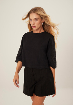 Blusa Ampla em Tecido Cotton com Bordado Mangas 3116E