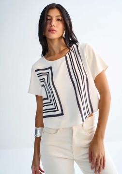 Blusa Curta em Tecido Plano com Estampa Geom&eacute;trica 3135E
