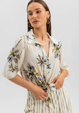 Camisa De Mangas Curtas Estampada Com Botões E Amarração 9135E