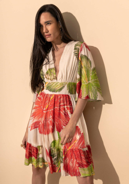 Vestido Curto Estampado Com Mangas Amplas E Decote Em V Lez a Lez 5490E