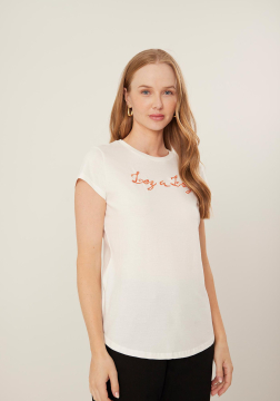 Blusa De Mangas Curtas Com Bordado Em Alto Relevo 7197E