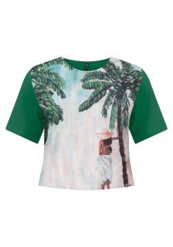 Blusa Cropped  Manga Curta Crepe na frente Malha nas costas C0122