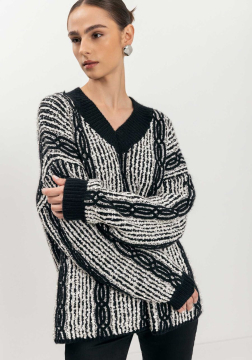 Blusão Em Tricô De Mangas Longas Com Decote Em V 9030 e