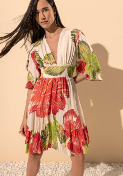 Vestido Curto Estampado Com Mangas Amplas E Decote Em V Lez a Lez 5490E